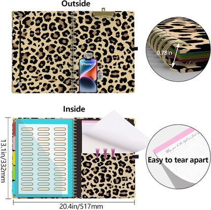 Foldable Clipboard Folio with Storage, 5 Plastic Folders with 10 Pockets,Refillable Lined Notepad (11" x 8.5"), Hardcover Project Organizer Nursing Teacher School Essentials(Cheetah Spots)