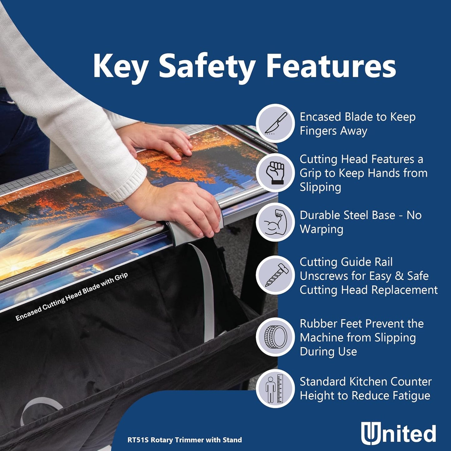 United Office Products RT51S Commercial Rotary Paper Trimmer with Stand and Fabric Catch Tray, Sturdy Metal Base, 51" Cut Length, 10 Sheet Capacity, Paper Cutter for Offices, Schools and Crafts