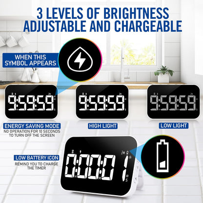 Kitchen Timer （1.5" Number） Large Digital Magnetic Timer, Rechargeabilit, Countdown and Countup, 3 Brightness Display, 3 Volume Levels and Vibration Mode, for Cook, Kids Adults Study Teaching