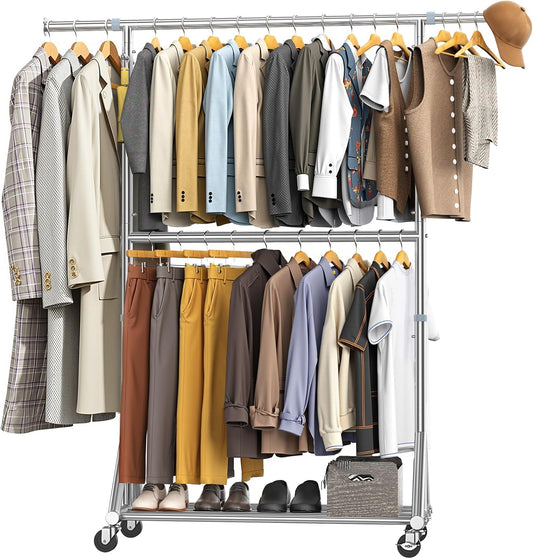 100% Stainless Steel Heavy Duty Clothes Rack Load 860LBS, Rolling Double Rods Clothing Racks for Hanging Clothes, Adjustbale Garment Rack With Sturdy Wheels Shelf, Portable Closet Rack Free Standing