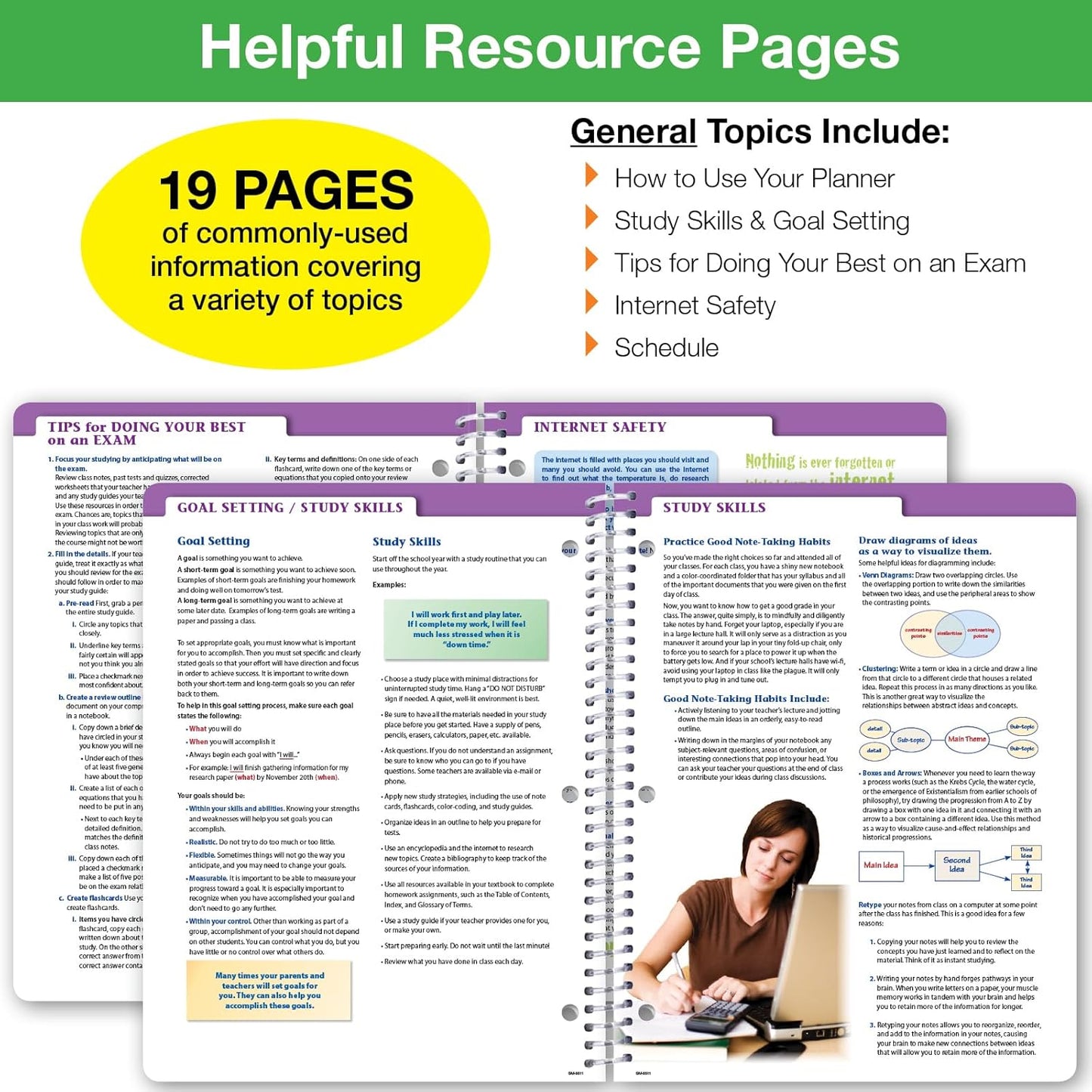 Global Datebooks Dated Middle School or High School Student Planner for Academic Year 2025-2026 Includes Ruler/Bookmark and Planning Stickers (Matrix Style - 8.5"x11" - Slant)
