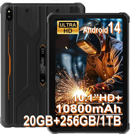HOTWAV R10 Pro Rugged Tablet, 20GB + 256GB/TF 1TB Android 14 Tablet, 10.1inch HD+ Waterproof Tablets, 10800mAh Battery, 13MP Camera, Octa-Core/Dual SIM 4G/WLAN 5/IP68&IP69K/Face ID/GPS/OTG