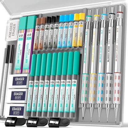 Nicpro 36PCS Blocky Gear Mechanical Pencil Set with Case, Metal Mechanical Pencils 0.3, 0.5, 0.7, 0.9, 2mm Lead Holder for Art Drawing Sketching with 21 Tubes (6B 4B 2B HB 2H 4H Colors) Lead Refills