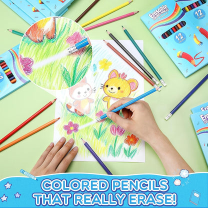 32 Sets 384 Pack Erasable Colored Pencils 12 Colors Pencils Smooth Colors with Erasers for Drawing Sketching Coloring Books Kids Adults Beginners Artists School Coloring Supplies