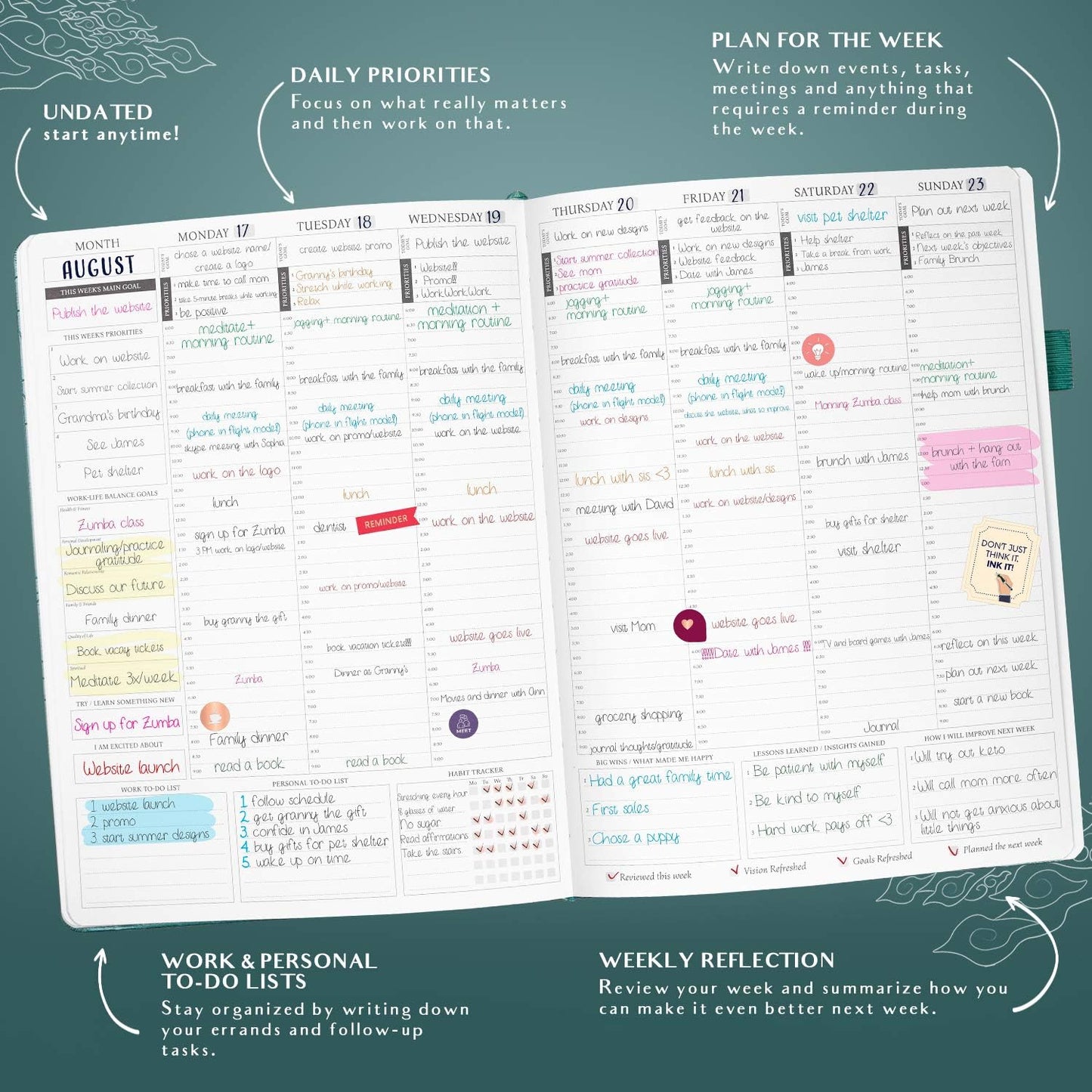 Legend Planner PRO Hourly Schedule - Weekly & Daily Organizer with Time Slots. Appointment Book Journal for Work & Personal, A4 (Viridian Green)