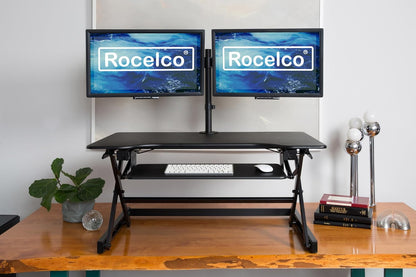 Rocelco 40" Height Adjustable Standing Desk Converter with AC Outlet USB Charger and Dual Monitor Arm Mount - Sit Stand Up Tabletop Riser - Sliding Keyboard Tray - Black (R DADRB-40-ACUSB-DM2)