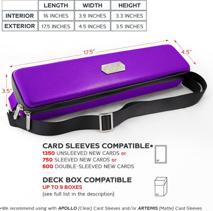 Quiver Time Purple Quiver Card Carrying Case - TCG Cards Deck Box Holder for Trading Cards, MTG Bag Playing Card Case (+Wrist & Shoulder Strap, Dividers, Separators, Corner Pads + 100 Apollo Sleeves)