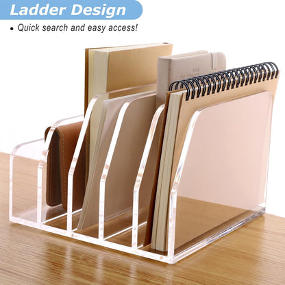 SANRUI Acrylic Desk File Organizer Holder for Desk, Clear Laddered 5 Upright Compartments Mail Sorters, Multifunction Desktop Envelope Folder Racks Document Holders for Office, Home, School