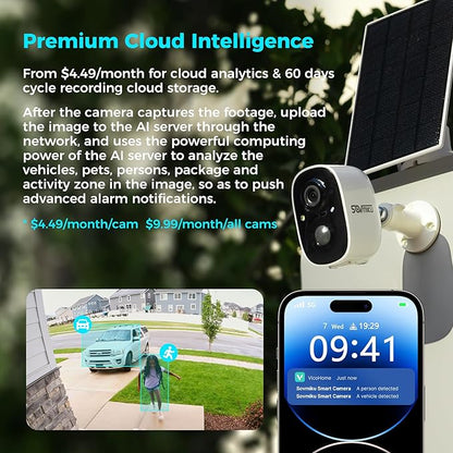 Sovmiku 2CG6 Solar Security Camera Wireless Outdoor,Battery Powered,Easy to Setup,PIR Motion Detection,Two Way Audio, Audible Flashlight Siren,2.4GHz Wi-Fi Color Night Vision, 180 Days Exchange Policy
