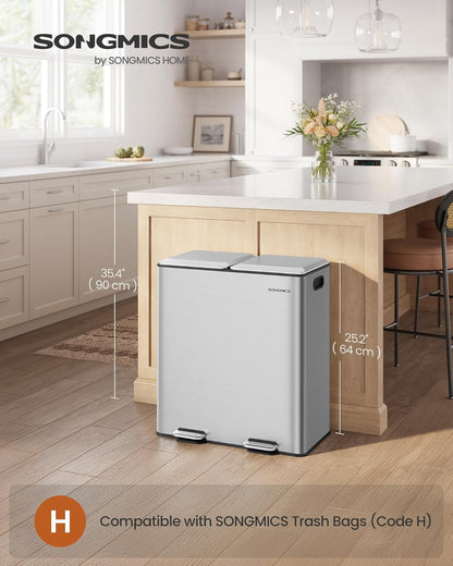 SONGMICS Trash Can, 2 x 8 Gallon (2 x 30 L) Double Garbage Can with Soft-Close Lids, Removable Inner Buckets, Pedals, Stainless Steel, for Waste and Recycling, Metallic Silver ULTB743E01