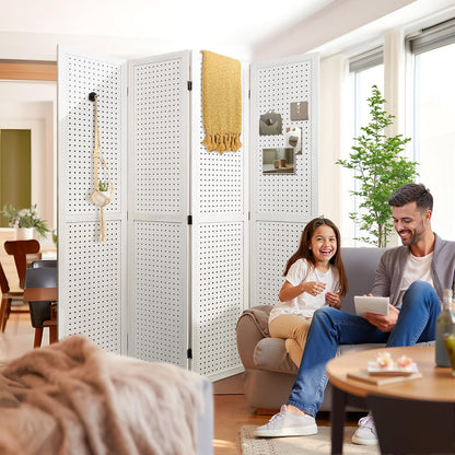 Room Divider, 5.6FT Folding Room Divider Panel, 4 Panel Pegboard Display Wood Partition Wall Divider for Room Separation& Craft Shows, White