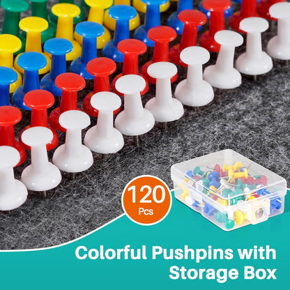 120Pcs Push Pins for Bulletin Board, Thumb Tacks for Cork Board, Colorful Plastic Head, Steel Tip, Thumbtacks for Wall Poster Photo Maps Pictures Office Home Decor
