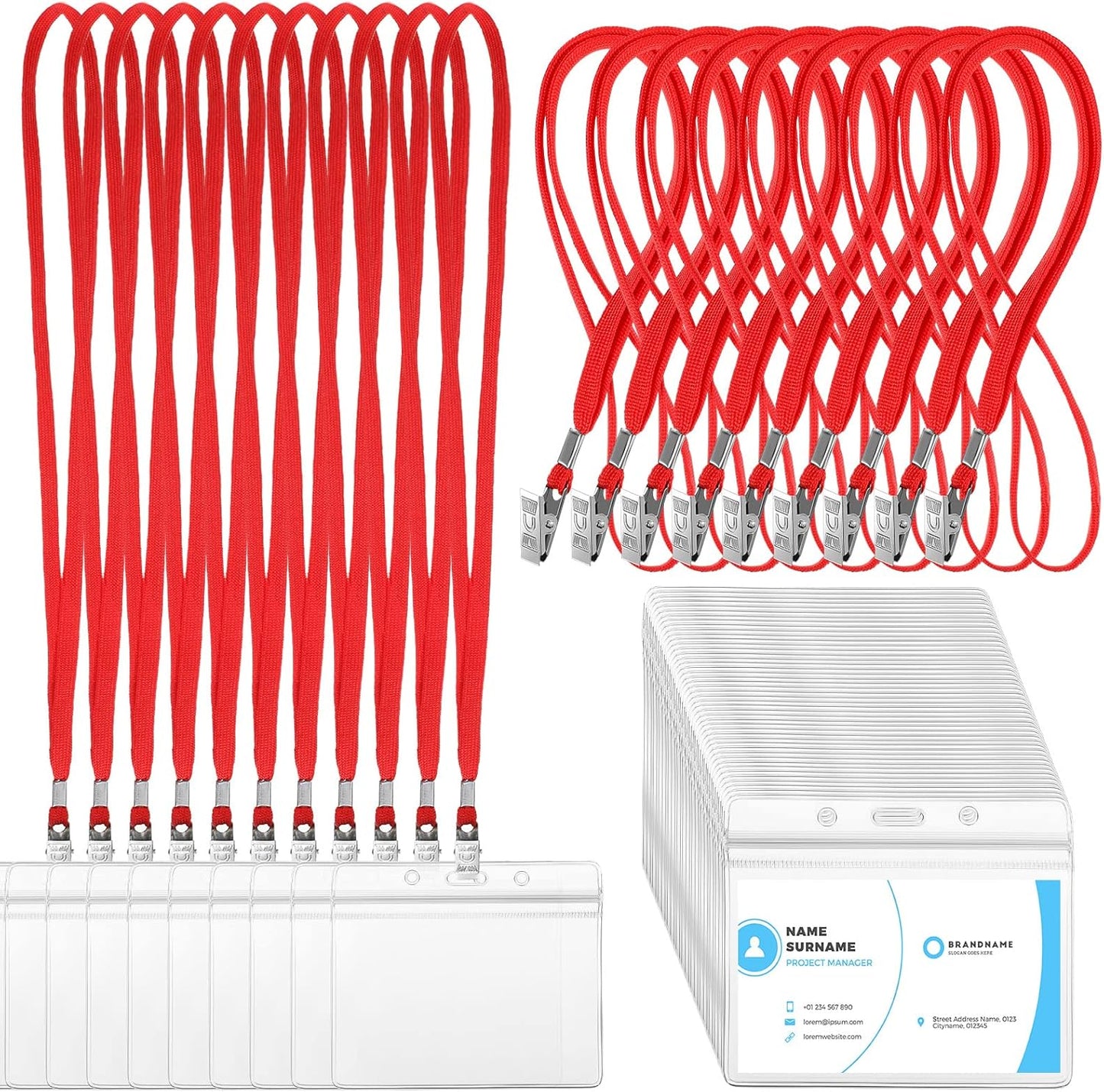 Marspark 100 Sets Clear Name Tags with Lanyard, Lanyards for ID Badges Reusable Strap with ID Holder Plastic Name Badges for Adults Business School Church Conference (Red)