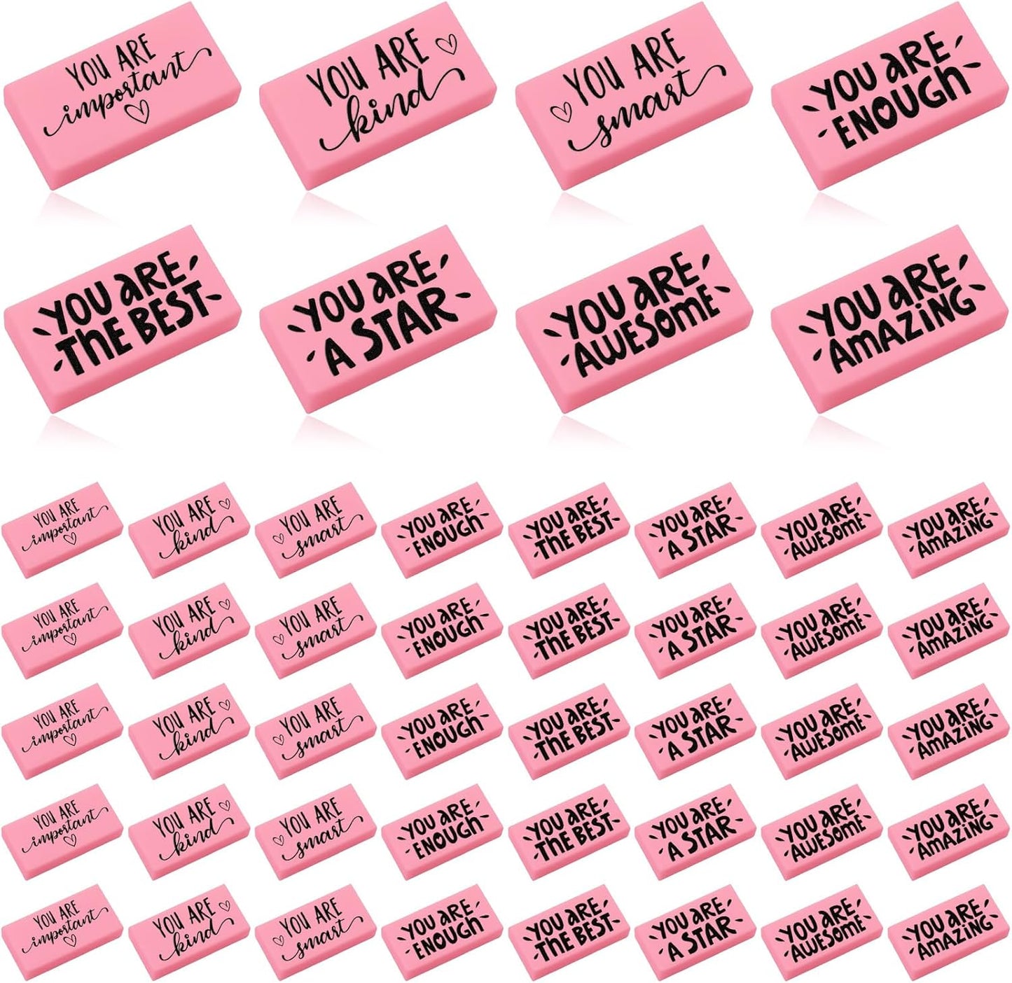 PerKoop 50 Pcs Pcs Inspirational Pink Erasers Bulk Small Motivational Block Pencil Erasers Back to School Gifts for Classroom Students Teachers Office Stationery Supplies