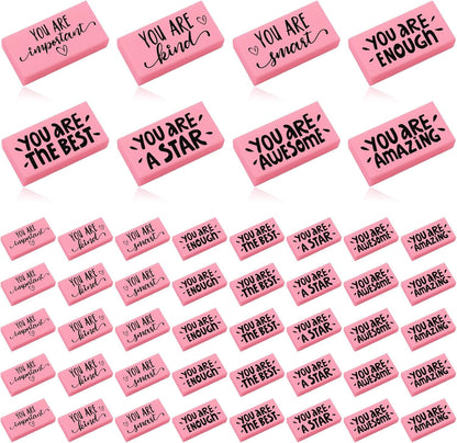 PerKoop 50 Pcs Pcs Inspirational Pink Erasers Bulk Small Motivational Block Pencil Erasers Back to School Gifts for Classroom Students Teachers Office Stationery Supplies