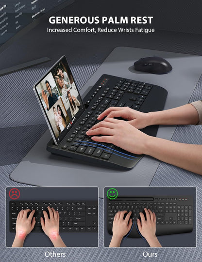 Wireless Keyboard and Mouse Combo - Full-Sized Ergonomic Keyboard with Wrist Rest, Phone Holder, Sleep Mode, Silent 2.4GHz Cordless Keyboard Mouse Combo for Computer, Laptop, PC, Mac, Windows -Trueque