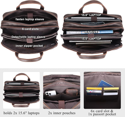 Masa Kawa Leather Briefcase for Men 15.6", 17" Laptop Computer Case Business Travel Work Messenger Cross Body Shoulder Bag