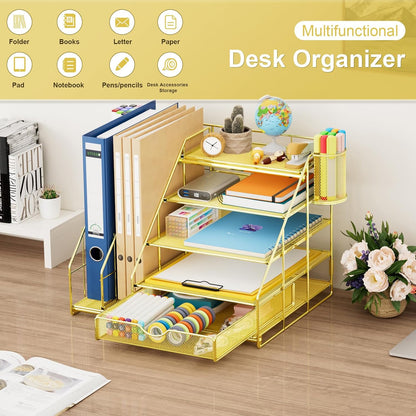 Marbrasse Desk Organizer with File Holder, 5-Tier Desk Organizer and Accessories with Drawer and 2 Pen Holders, Mesh Paper Letter Tray, Desktop Storage for Office Supplies (Gold)
