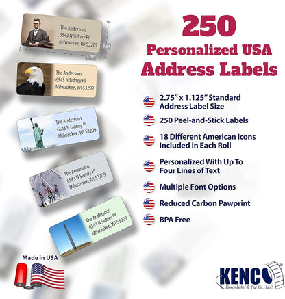 Customized Personalized Address Labels - Made in The USA by Kenco (250 Labels, All American)