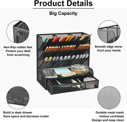 Marbrasse Mesh Pen Holder for Desk, Multi-Functional Pencil Organizer with Drawer, Desk Organizers and Accessories for Office Art Supplies (Large Black)