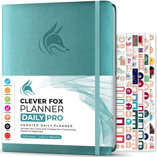 Clever Fox Planner Daily PRO - 8.5 x 11" A4 Size Daily Life Planner and Gratitude Journal to Increase Productivity, Time Management and Hit Your Goals - Undated - Lasts 3 Months (Aquamarine)