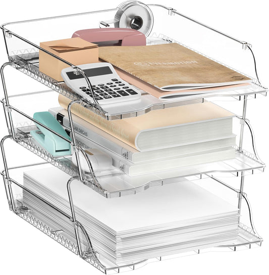 Simple Houseware 3-Tier Crystal Clear Stackable Document Letter Tray Paper Organizer – Desk Organizer for A4/Letter Size Documents, File Sorter, Paper Holder, Office Desktop File Storage, Acrylic Look