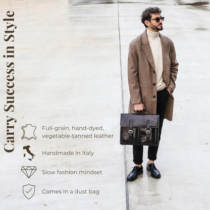 Time Resistance Leather Briefcase for Men Handcrafted in Italy Full Grain Messenger Bag for Laptop