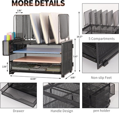 Desk Organizers and Accessories, 3-Tier Paper Organizer with 5 Vertical File Holders, File Organizer for Desk (Black With Drawer, 3T With Drawer)