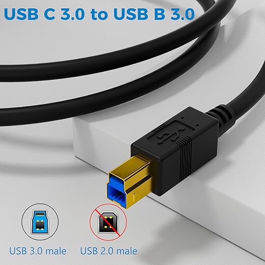 USB C to B 3.0 Cable 4 FT, USB-C-Male to USB B-Male 3.0 Cable, Gold-Plated Connectors, Compatible with Docking Station, External Hard Drivers, Scanner, Hard Drive Enclosure, Built-in Hub & More, Black