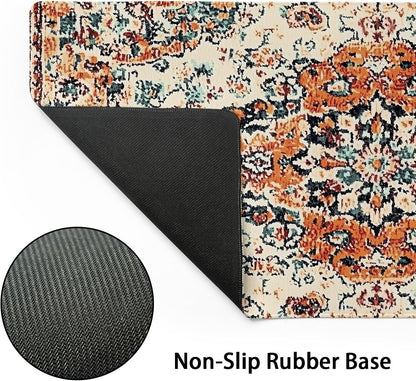 Vintage Rug Gaming Mouse Pad XXL Orange Teal Retro Carpet Aesthetic Extended Large Mat Bohemian Boho Mousepad Desk Pad Non-Slip Rubber Base Stitched Edge Flower Keyboard Pad for Computer,35.4x15.7 in