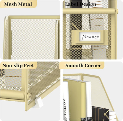 SUPEASY Desk Organizers Metal Desk Magazine File Holder with 5 Vertical Compartments Rack File Organizer for Office Desktop, Home Workspace, Golden Yellow, Plus