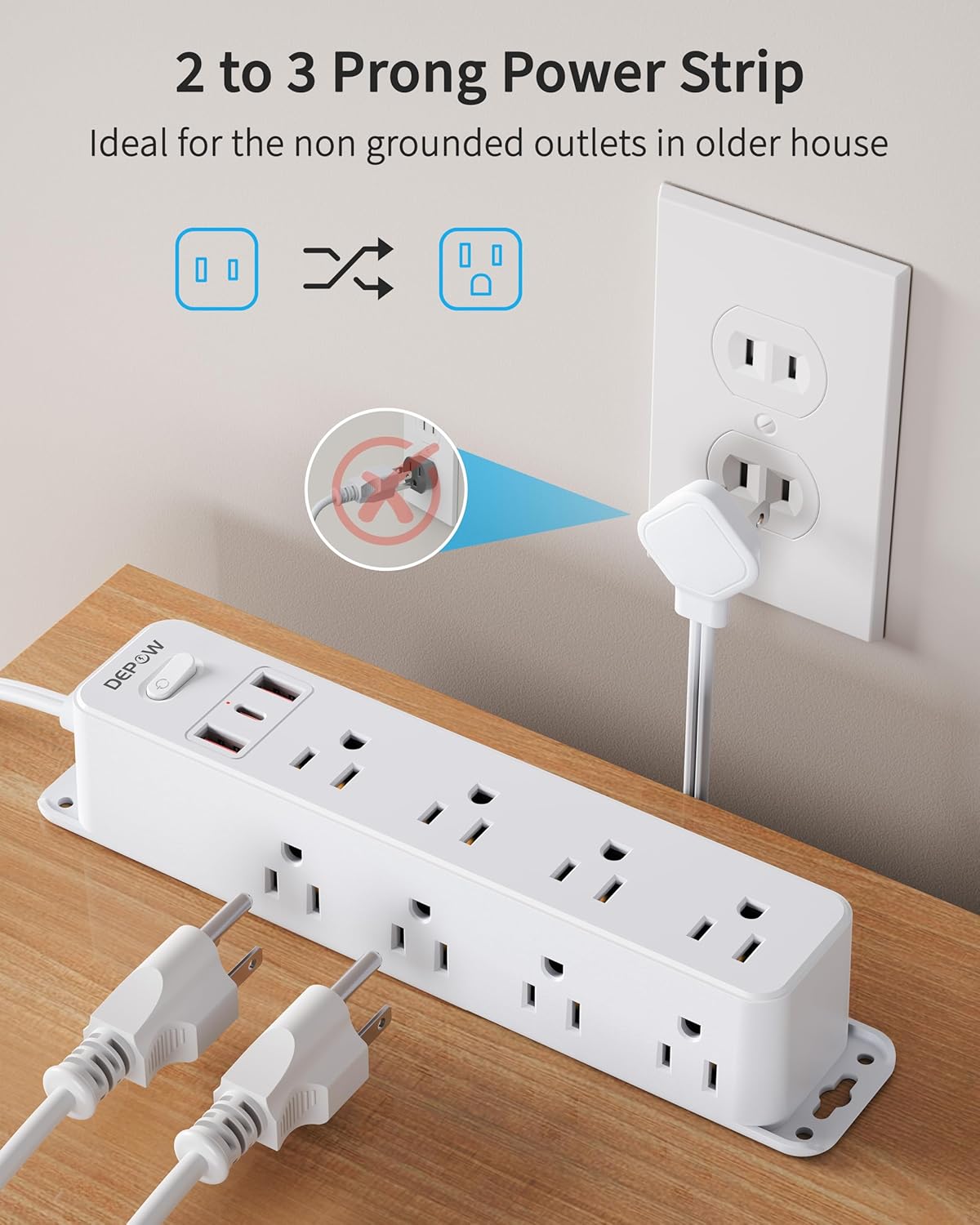 2 Prong Power Strip with 12 AC Outlets, 2 to 3 Prong Adapter, 3 USB Ports (1 USB C), 5FT Extension Cord, 1700J Two Prong Surge Protector, Wall Mountable, Ideal for Old House Non-Grounded Outlets