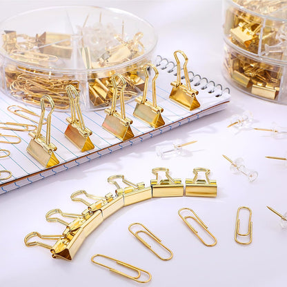 1560 Pcs Paper Clips and Binder Clips Assorted Sizes, Large Medium Small Binder Clip Paperclips Thumb Tacks, College Supplies Home Office Supplies Document Organizing(Gold)