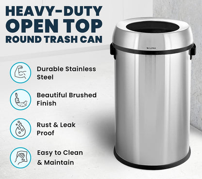 Alpine 17 Gallon Stainless Steel Open Top Trash Can – Commercial-Grade, Corrosion-Resistant, Brushed Finish, Large Capacity Garbage Bin for Home, Office, Restaurant & High-Traffic Areas.