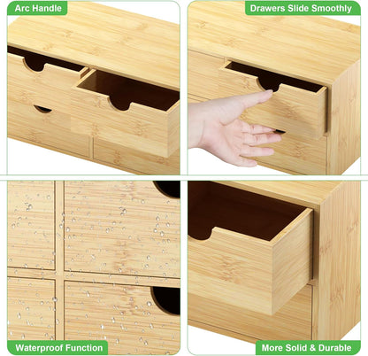 Bamboo Desk Organizer with Drawers - Small Desktop Countertop Mini Tabletop Storage Container - No Assembly Required
