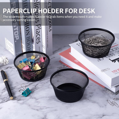 SLSON 6Pack Paper Clip Holder Wire Mesh Paperclip Dish Holders Desktop Round Paper Clip Dispenser for Desk Office Organizer Accessories,Black