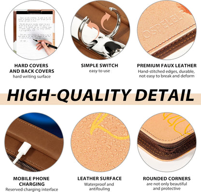 Leather Clipboard with Storage, Zippered Padfolio Portfolio Organizer, 3 Ring Binder 1 Inch, Notepad, Tablet Sleeve, 5 Dividers with Pocket, Stickets for Office, Nurses, Students, Teachers Brown