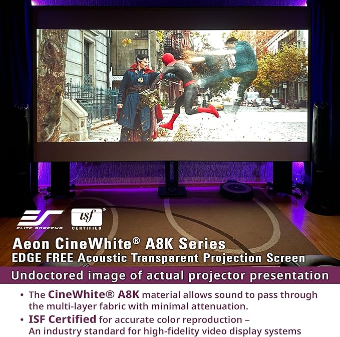 Elite Screens Aeon CineWhite A8K, 103" Diag, 16:9 Aspect Ratio, ISF Certified 8K Ultra HD Home Theater Fixed Frame Edge Free Projection Sound Transparent Perforated Weaved Screen, AR103H-A8K