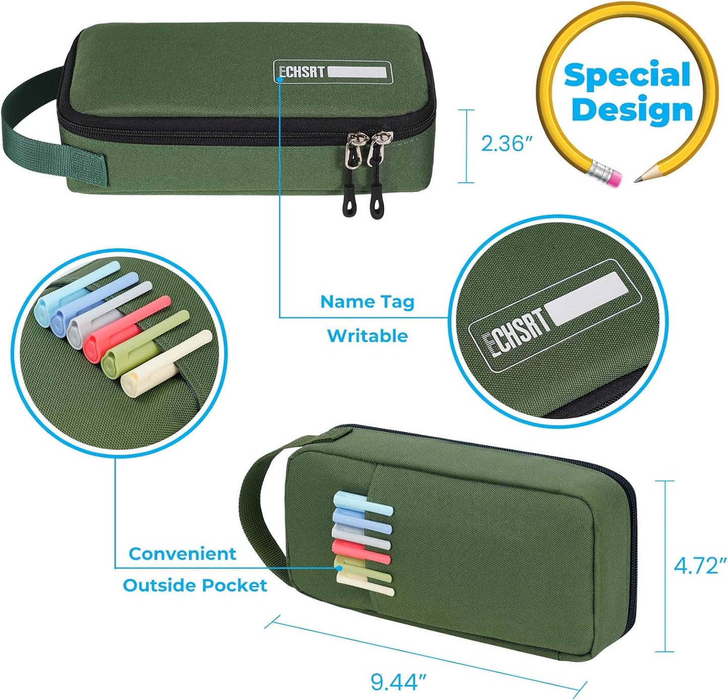 ECHSRT Big Pencil Case, Aesthetic Portable Zipper Pencil Bag with Hidden Pocket, Special Pouch for Men Women Adults, Stationery Organizer Pen Cases for Office Travel,Army Green