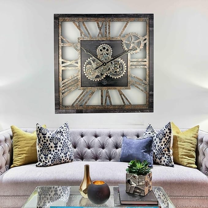 ImprovingLife The Gears Clock 24'' Inch Square Real Moving Gear Wall Clock Vintage Industrial Oversized Rustic Farmhouse (Vintage Black)