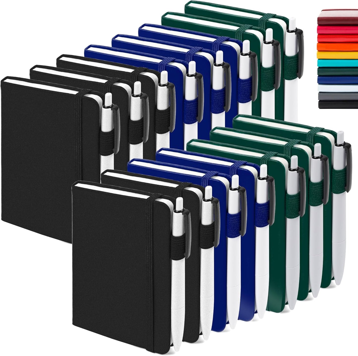 feela 15 Pack Pocket Small Notebooks Bulk, Mini Cute Notepads Hardcover College Ruled Lined Journals with Pen Holder for School Business, with 15 Black Pens, 3.5”x 5.5”, A6, Black Navy Dark Green