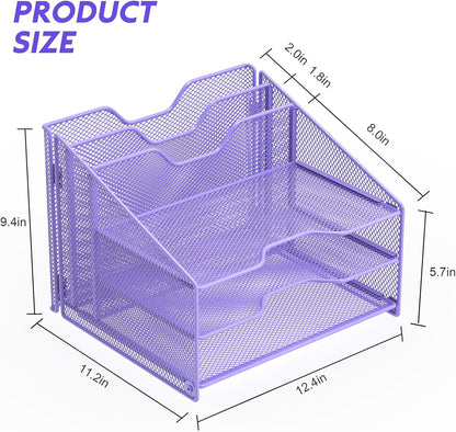 Samstar Purple Desk File Organizer, Mesh Letter File Folder Holder with 3 Paper Trays and 2 Vertical Upright Section, for Office Supplies, Desk Accessories & Workspace, Purple