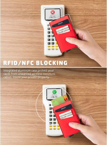 VULKIT Card Holder with Money Pocket Pop Up Wallet RFID Blocking Slim Metal Bank Card Case Holds 5 Cards and Notes