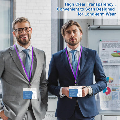 100 Pack Lanyards for ID Badges with Clear Name Tags, Reusable Lanyards Horizontal ID Card Badge Holders Plastic Name Badges for Men Women Kids Business School and Office Supplies (Purple)