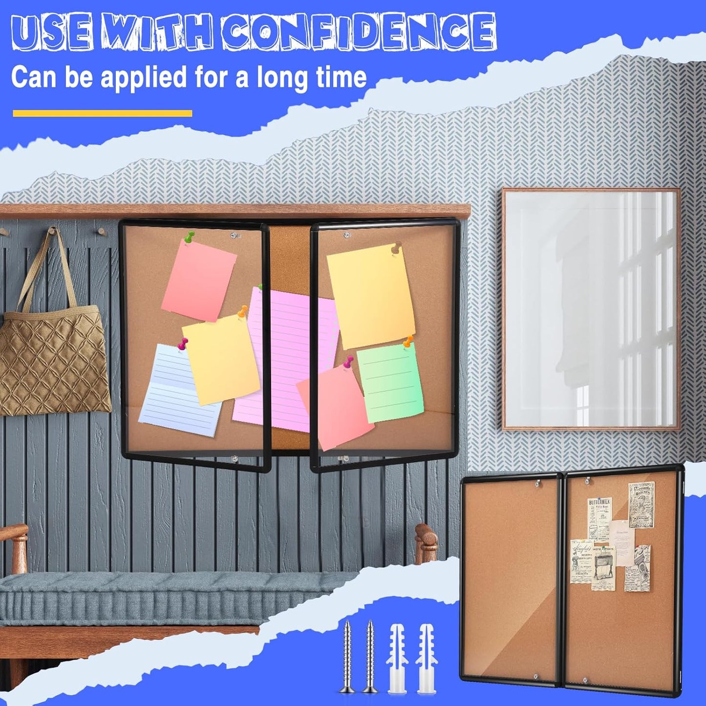 Enclosed Bulletin Board 48" x 36" Weather Resistant Lockable Notice Cork Display Board Wall Mounted 2 Locking Door for School Classroom Commercial Back to School, 12 x A4(Brown, Black Frame)