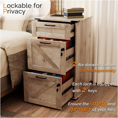 VINGLI 3 Drawer File Cabinet with Lock, Home Office Filing Organizer, for Letter Size File Folder Storage, Modern Farmhouse Style, Wood Vertical Filing Cabinet, Archivador (Rustic Gray)