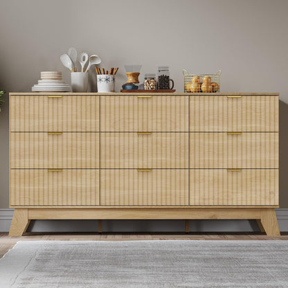 Fluted 9 Drawer Dresser, 57.1" Wide Modern Boho Chest of Drawers, Wooden Storage Dresser TV Stand for Bedroom, Living Room, Closet, Hallway, Curved Profile Design