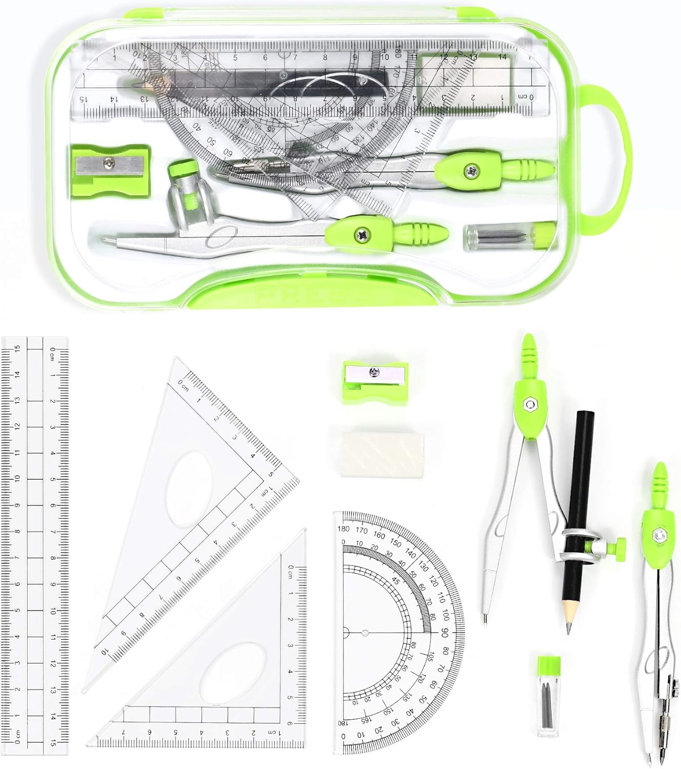 10 Pieces Math Geometry Kit Set Student Supplies with Shatterproof Storage Box,Includes Rulers,Protractor,Compass,Eraser,Pencil Sharpener,Lead Refills,Pencil,for School and Drawings（Green）