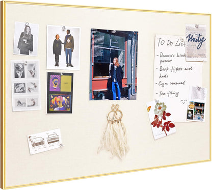 Bulletin Board 30 x 20 inches, Oatmeal White Pin Board, Golden Aluminum Framed Fabric Cork Board with 10 Push Pins