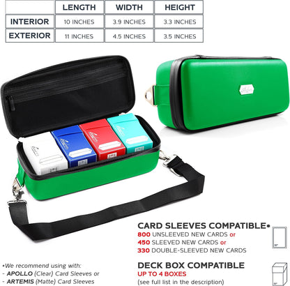 Quiver Time Green Bolt Card Carrying Case fits Pokemon Cards and other TCG Games - Storage Bag for Playing/Trading Cards and Deck Box (Straps, Dividers & 100 Apollo Card Sleeves)